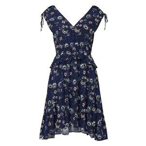 Thakoon Collective Navy Lotus Printed Dress Sz 6 V-Neck Ruffled High-Low Hem